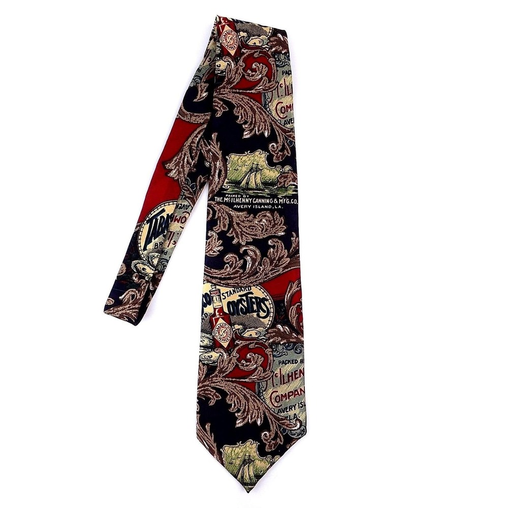 Tabasco Hot Sauce Silk Tie Navy Red Vintage Oyster Avery Island Coastal Nautical